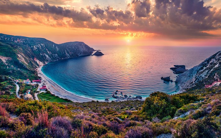 plage de myrtos, île de céphalonie, mer ionienne, côte, soirée, coucher de soleil, paysage marin, pylaros, céphalonie, rochers, grèce