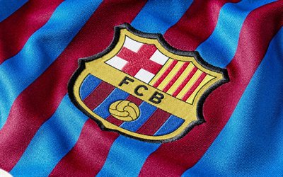 logo du fc barcelone, 4k, bleu grenat texture de soie, le fc barcelone, l uniforme, la liga, le club de football espagnol, la catalogne, l emblème, le football