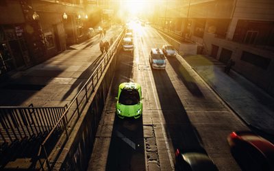 Lamborghini Aventador, street, city, movement, green aventador