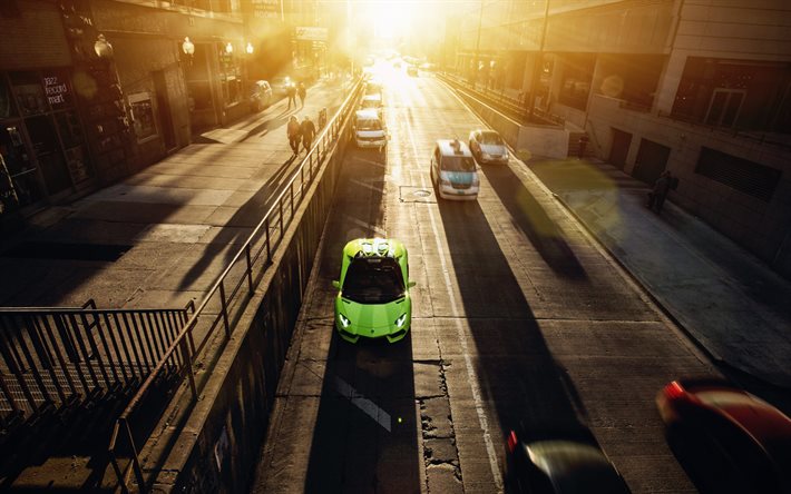 Lamborghini Aventador, la rue, la ville, le mouvement, les verts aventador