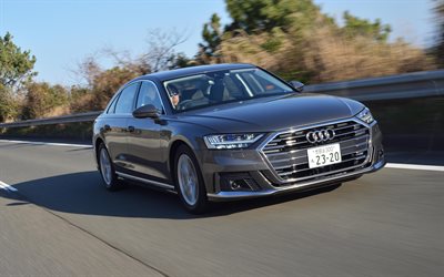 Audi A8, 4k, highway, 2019 cars, JP-spec, Audi A8 D5, Gray Audi A8, 2019 Audi A8, german cars, Audi