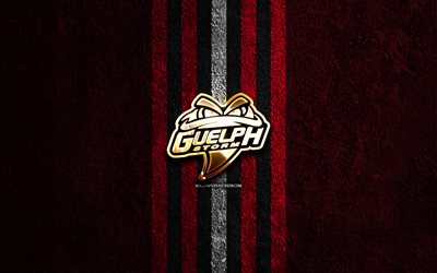 guelph storm logo dorato, 4k, sfondo di pietra rossa, ohl, squadra canadese di hockey, logo guelph storm, hockey, guelph storm