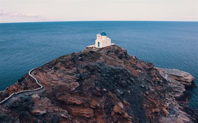 thira, iglesia en el acantilado, santorini, tarde, puesta de sol, mar egeo, islas, paisaje marino, iglesia blanca, grecia
