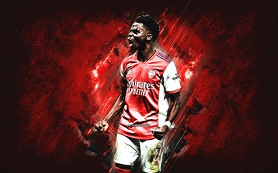 bukayo saka, arsenal fc, giocatore di football inglese, pietra rossa sullo sfondo, premier league, inghilterra, calcio, saka arsenal