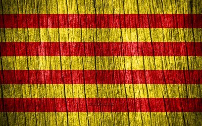 4K, Flag of Catalonia, Day of Catalonia, spanish communities, wooden texture flags, Catalonia flag, Communities of Spain, Catalonia, Spain