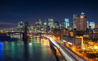 New York, night, bridge, skyscapes, NYC, America, USA
