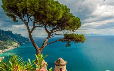 Ravello, rocks, pine trees, sea, Italy