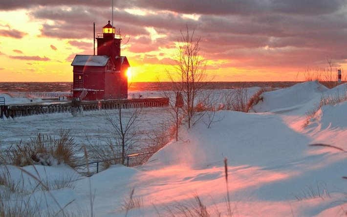 the sun, lighthouse, snow, winter sunrise