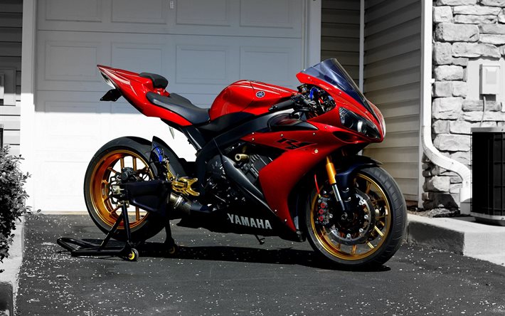 sportbike, yamaha r1, parking, the house, red