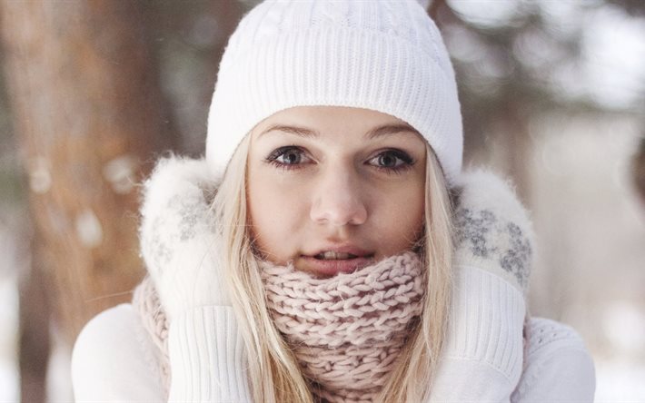 눈, 겨울, 모자, 스카프, 여자, 숲, 장갑