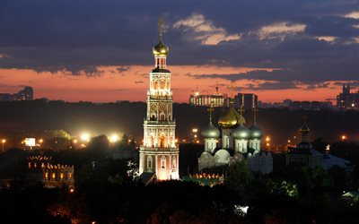 moskau, die stadt, kuppel, hintergrundbeleuchtung, novodevichy-kloster, russland