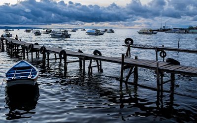 copacabana, o barco, barco, cais, a lagoa, lago titicaca, bolívia