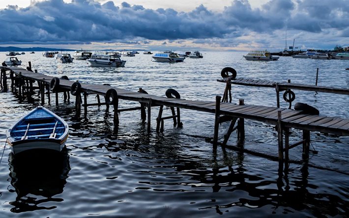 copacabana, o barco, barco, cais, a lagoa, lago titicaca, bolívia