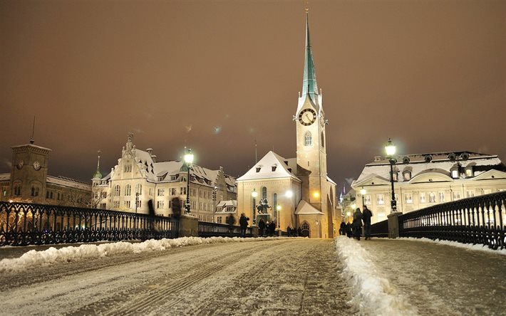 neve, ponte, edificio, luci, zurigo, città, notte, svizzera, inverno