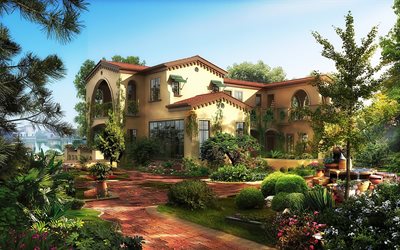 la casa, i verdi, i fiori, dimora di arbusti, cespugli, grafica 3d