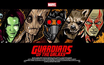 poster, groot, 2014, gamora, guardians of the galaxy, rocket, star lord, drax
