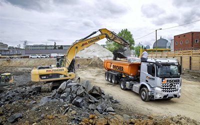 2015, mercedes-benz, arocs, truck, loading, excavator, liebherr r926