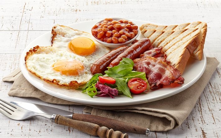tallrik, äggröra, frukost, bacon, gaffel, korv, kniv, tomat