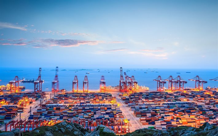 le dock, la côte, les ports, les terminaux, le port, la mer, les nuages, les conteneurs, le port de yangshan, shanghai