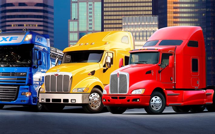 giallo, camion, peterbilt, rosso, camion kenworth, blu, daf, cabina