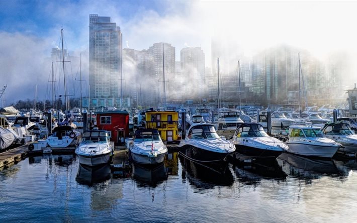 yacht, bateau, pierce, la ville, le port, le brouillard, la photographie