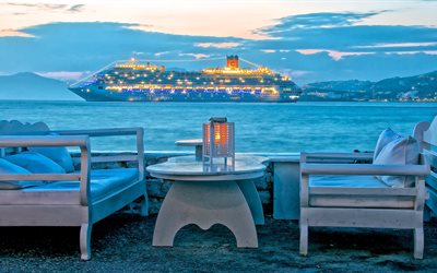 テーブル, クルーズ船, コスタfascinosa, 灯り, 海岸, ライナー, ミコノス島, ギリシャ