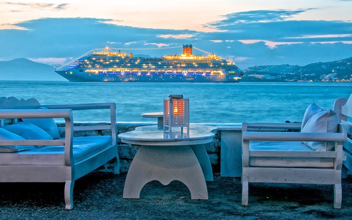 table, сruise ship, costa fascinosa, lights, coast, liner, mykonos, greece