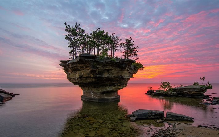 sunset, water, unusual rock, trees