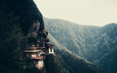 mountains, the monastery, landscape, trees, buddhism
