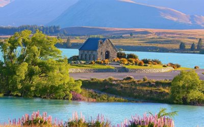 le paysage, la maison, le lac tekapo, nouvelle-zélande