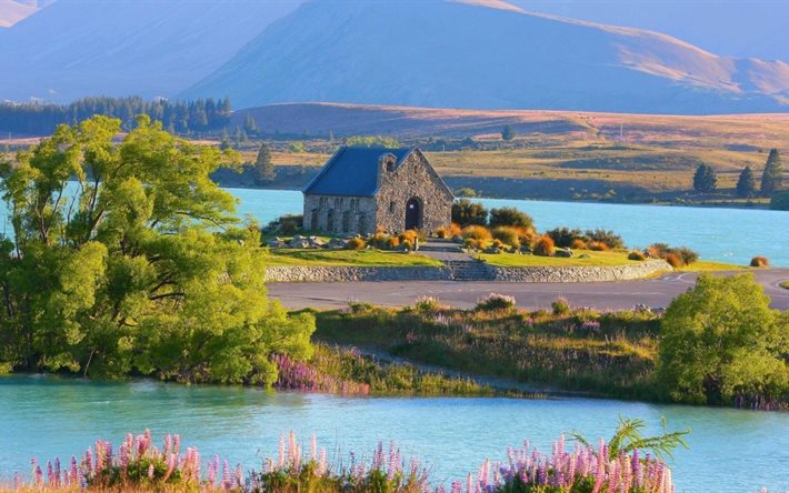 le paysage, la maison, le lac tekapo, nouvelle-zélande