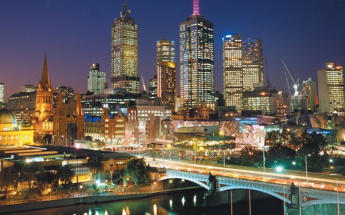 la ciudad, la noche, el puente, rascacielos, noche, melbourne, australia
