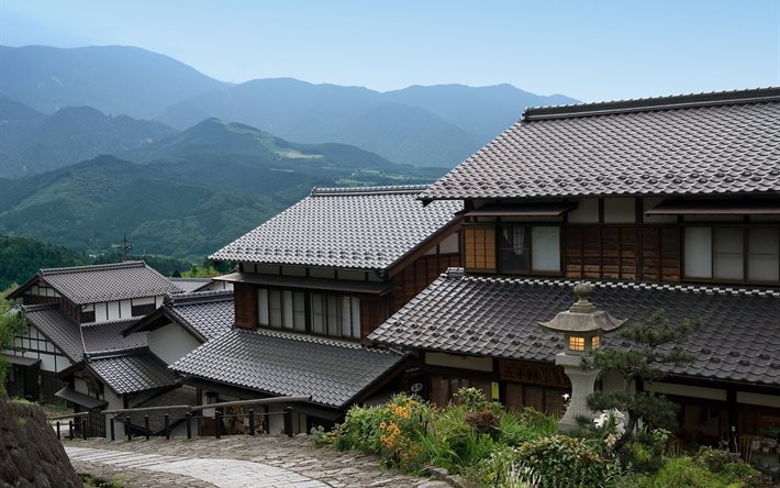 la casa, de la casa, de color verde, las montañas, el mundo, la verdura, la acera, japón