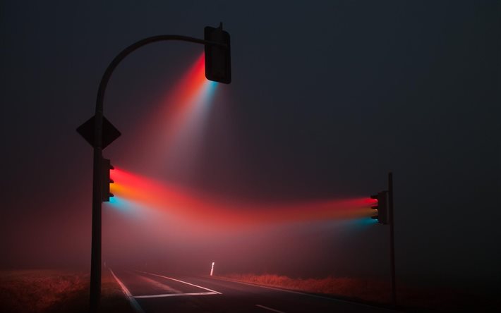 traffic lights, mist, road, lights, night, the traffic light