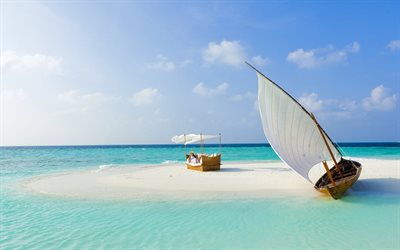 baldacchino, bianco, barca a vela, spiaggia di sabbia, isola