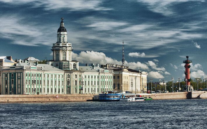 the sky, clouds, ship, the city, st petersburg, promenade, russia
