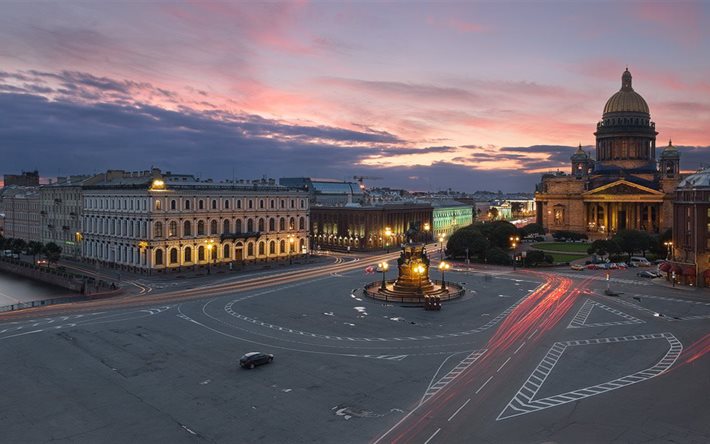 the city, the sky, st isaac's square, evening, st petersburg, lights, russia