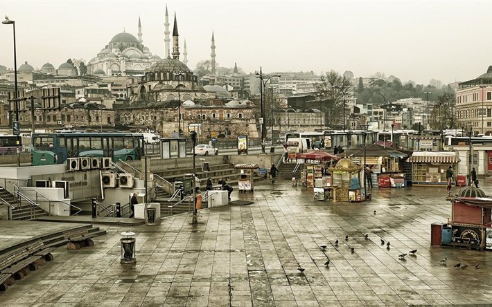 istanbul, turkey, mosques, architecture, city square, islamic architecture, buses, town squares, car, pigeons, bench, the mosque, stairs