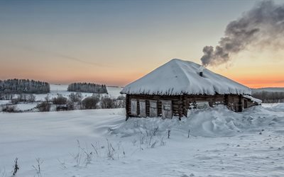 stove, smoke, forest, hut, the snow, snow, winter, field, landscape