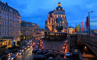 bina, gece, ışıklar, binalar, şehir, yol, araba, sokak, Moskova