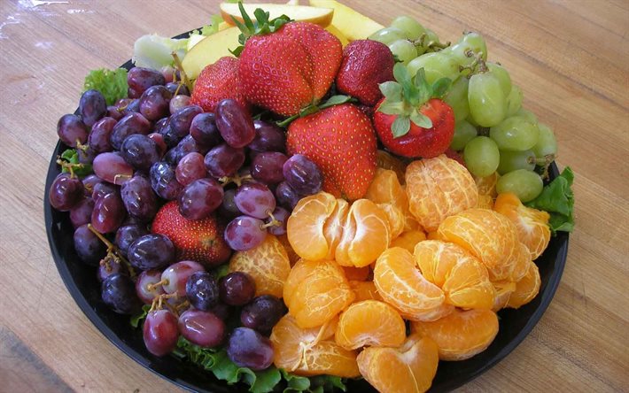 uvas, frutas, bandeja, morango