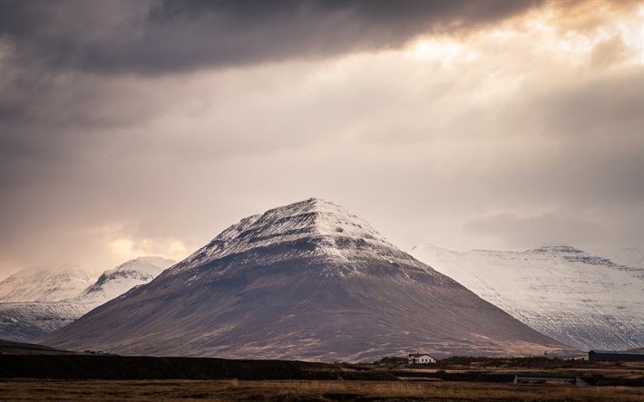 mountain, iceland, mountains, landscape, snow, clouds, top