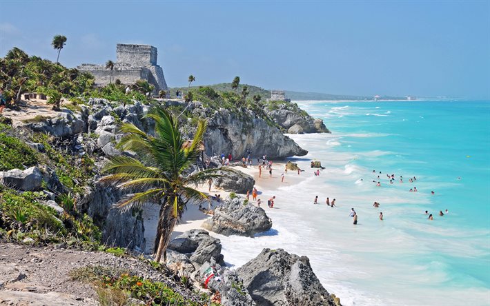 il castello, el castilio, palma, tulum, sulla spiaggia, tulun, costa, spiaggia, messico, riviera maya