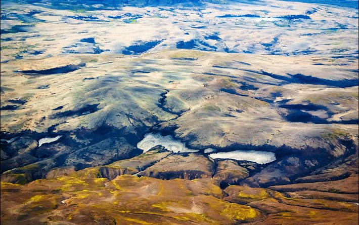 शीर्ष दृश्य, पूर्व, आइसलैंड, रंगीन, पहाड़ियों