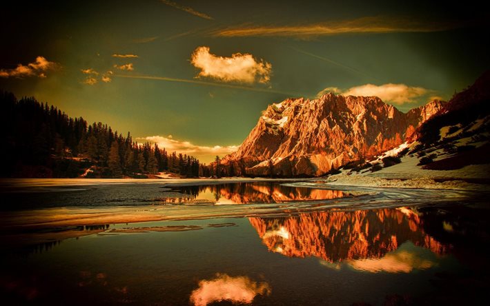 forest, reflection, the sky, mountains, snow, the lake