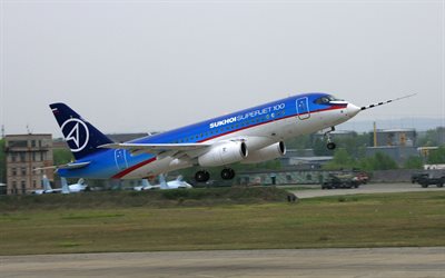 the rise, passenger, takeoff dry, sukhoi superjet-100, the airfield