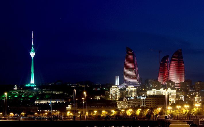 Bakü, şehir, ufuk çizgisi, ışıklar, gece, Azerbaycan