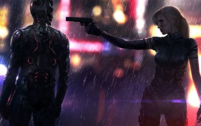 rain, women, the rain, science, cyborg, the gun, cyberpunk