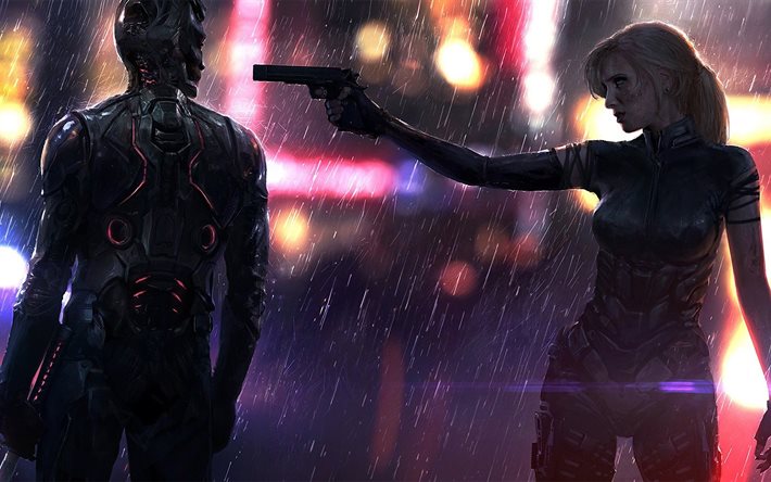 la pioggia, le donne, la scienza, cyborg, la pistola, il cyberpunk
