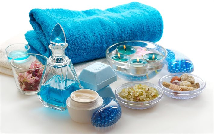 aquamarine, treatment, spa, aquamarin, candle, towel, shells